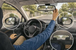 Person adjusting rearview mirror inside car with visible side mirrors showing traffic and street outside