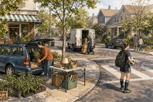 Woman unloading plants from a blue car near tables with books and lamp on a sunny neighborhood street