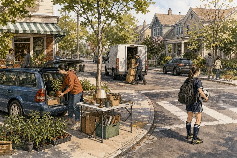 Woman unloading plants from a blue car near tables with books and lamp on a sunny neighborhood street